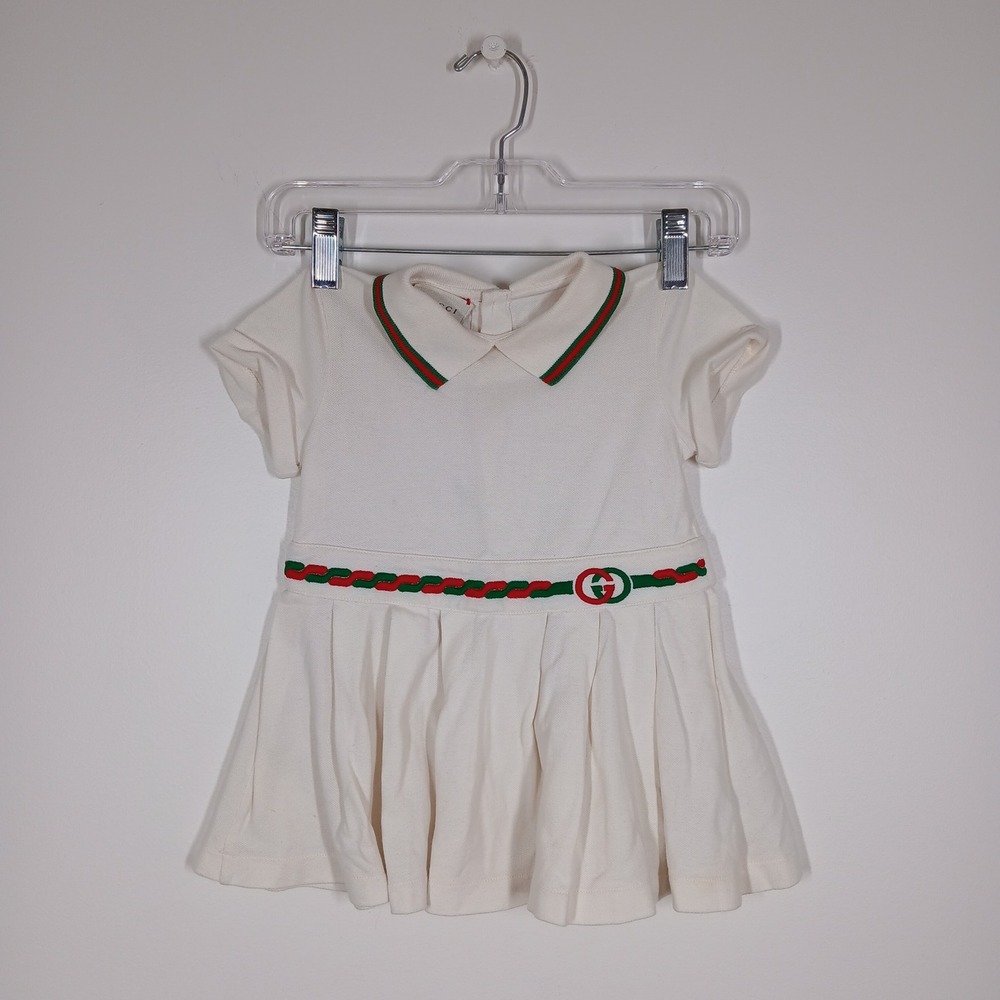 Gucci Dress Girls 12/18M Ivory Cotton Polo Pleated Designer Luxury Preppy